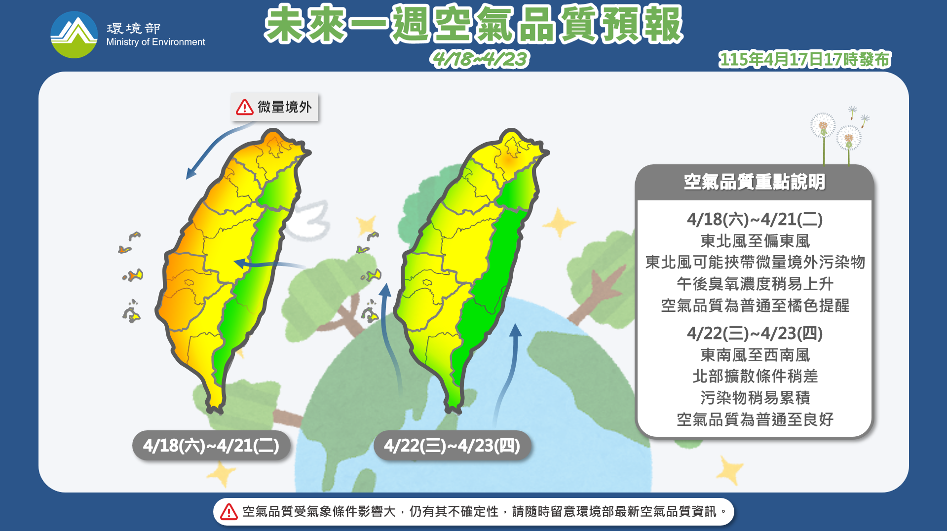 115年4月18日至4月23日空氣品質預報